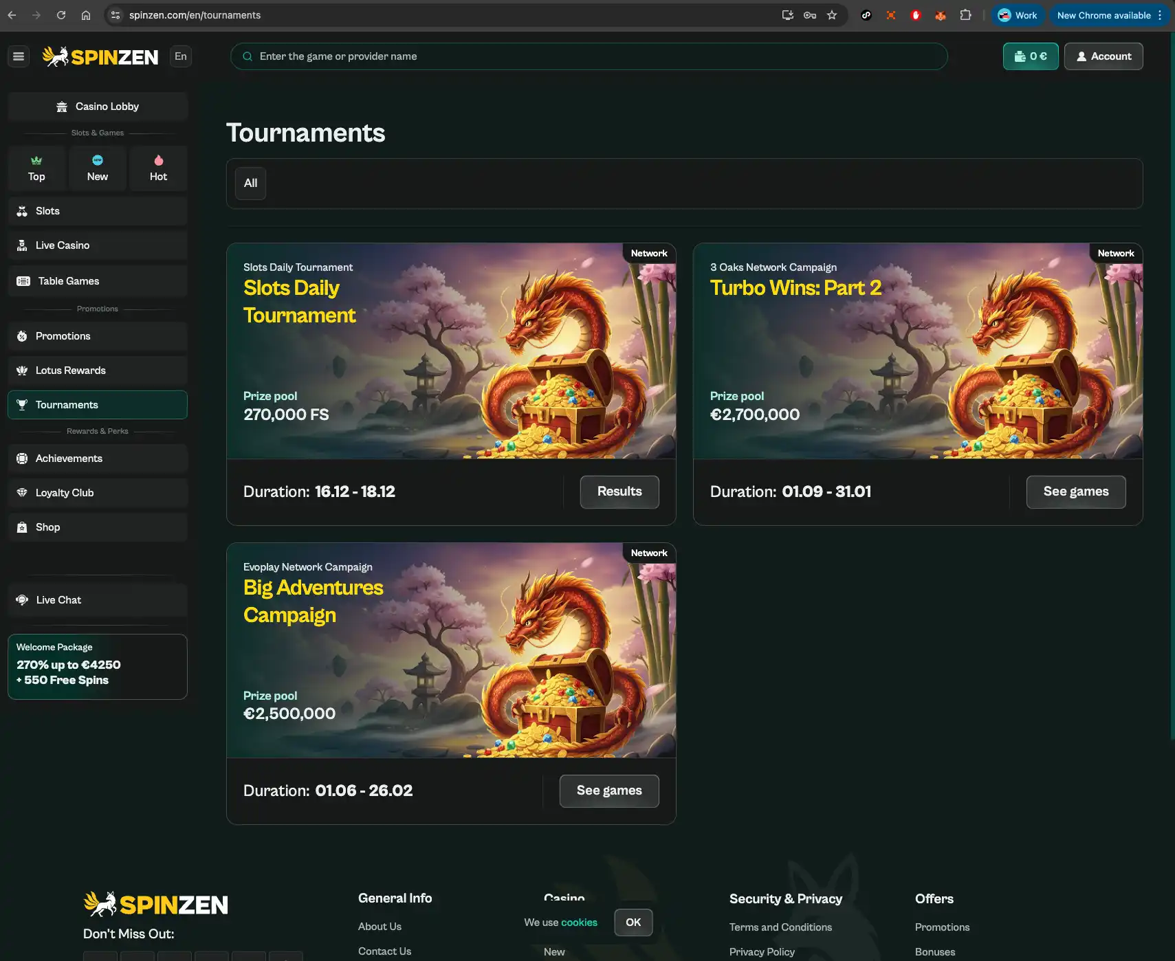 Spinzen casino tournaments screen