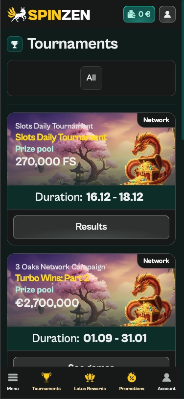 Spinzen casino tournaments screen