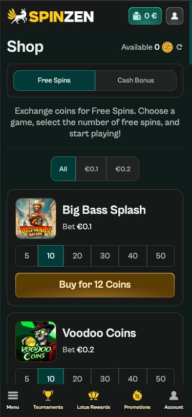 Spinzen casino shop screen