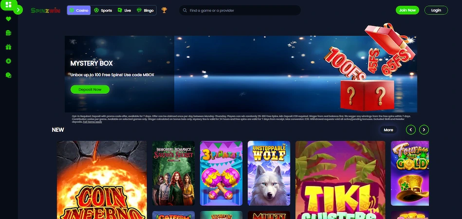 Spinzwin Casino's main page with bonus details, new games, and menu options in a blue setting.