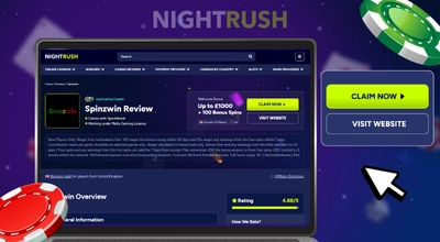 A laptop with Nightrush's Spinzwin review, a claim now button, and two chips on a dark setting.