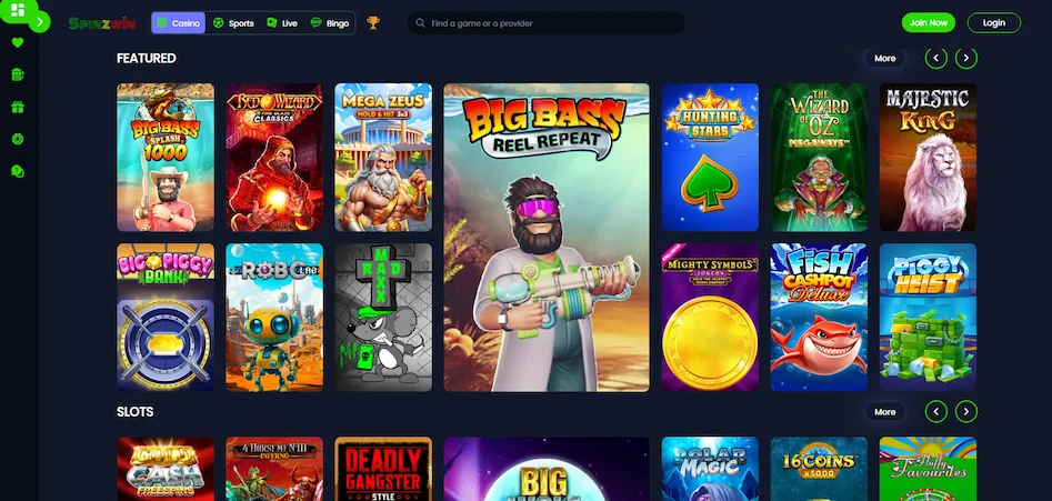 Spinzwin Casino's game page with featured games, slots, and menu options in a blue setting.
