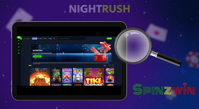 A tablet with Spinzwin's main page, a magnifying glass, and the casino logo on a dark setting.