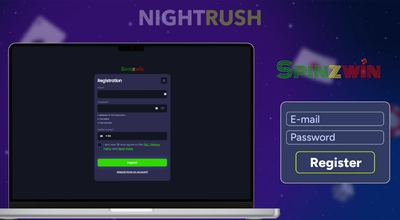 A laptop with Spinzwin's registration, a register button, and the casino logo on a dark setting.