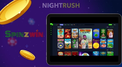 A tablet with Spinzwin's games, two golden coins, and the casino logo on a dark setting.