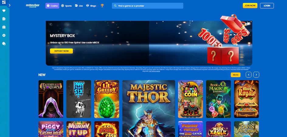 Monster Casino's main page features a blue background with games, promıos, and a menu.