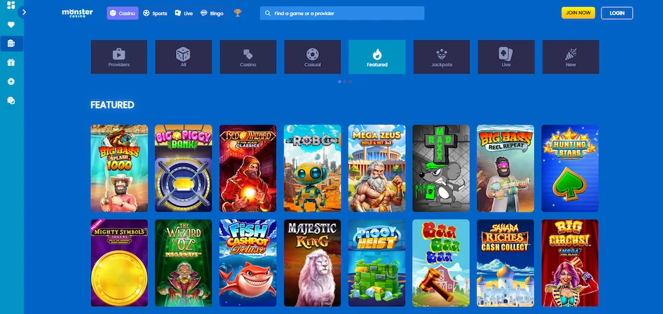 Monster Casino's game page shows a blue background with featured games and a menu.