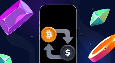 Smartphone screen showing a Bitcoin icon and dollar sign with arrows indicating a crypto exchange.