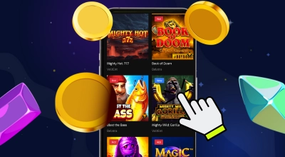 Smartphone screen showing a grid of slot games including Mighty Hot 777 and Book of Doom.