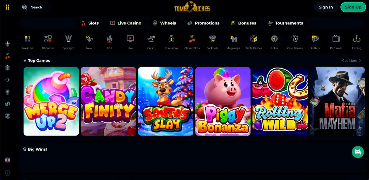 Tomb Riches Casino homepage.