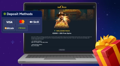Laptop showing Tomb Riches deposit options like Bitcoin and a €2,000 bonus.