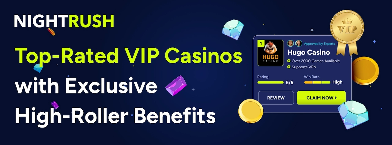 Banner with a golden VIP medal, poker cards, and chips highlighting top-rated VIP casino benefits.