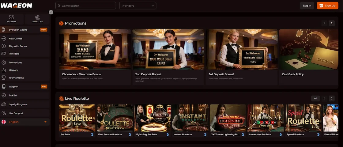 Screenshot of Wageon casino's homepage.
