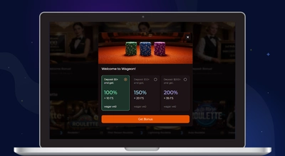 Laptop shows Wageon casino choose welcome bonus screen.