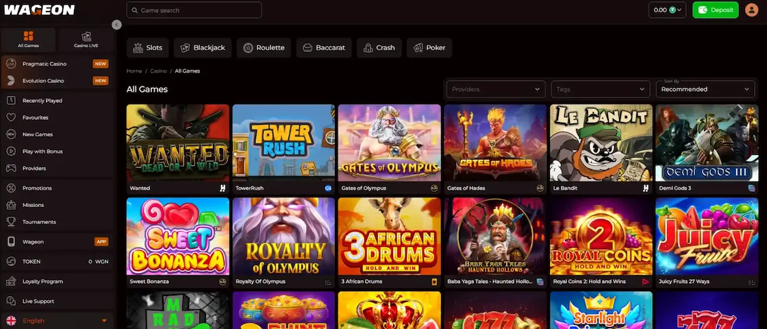 Screenshot of wageon casino game lobby.
