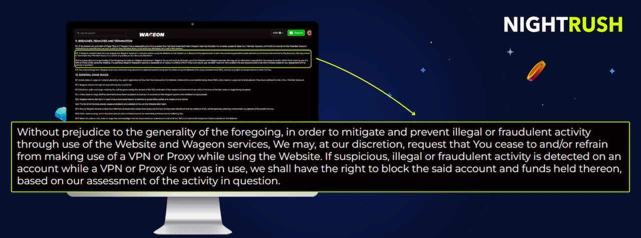 Monitor displaying the bonus terms page for Wageon. A callout box highlights a term.