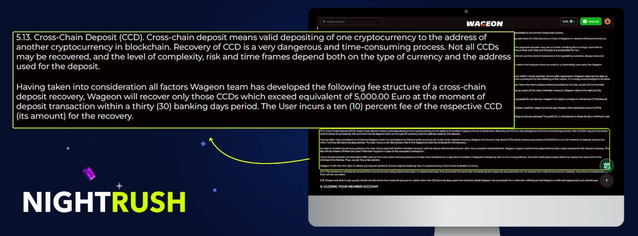 Monitor displaying the terms page for Wageon. A callout box highlights section 5.13.