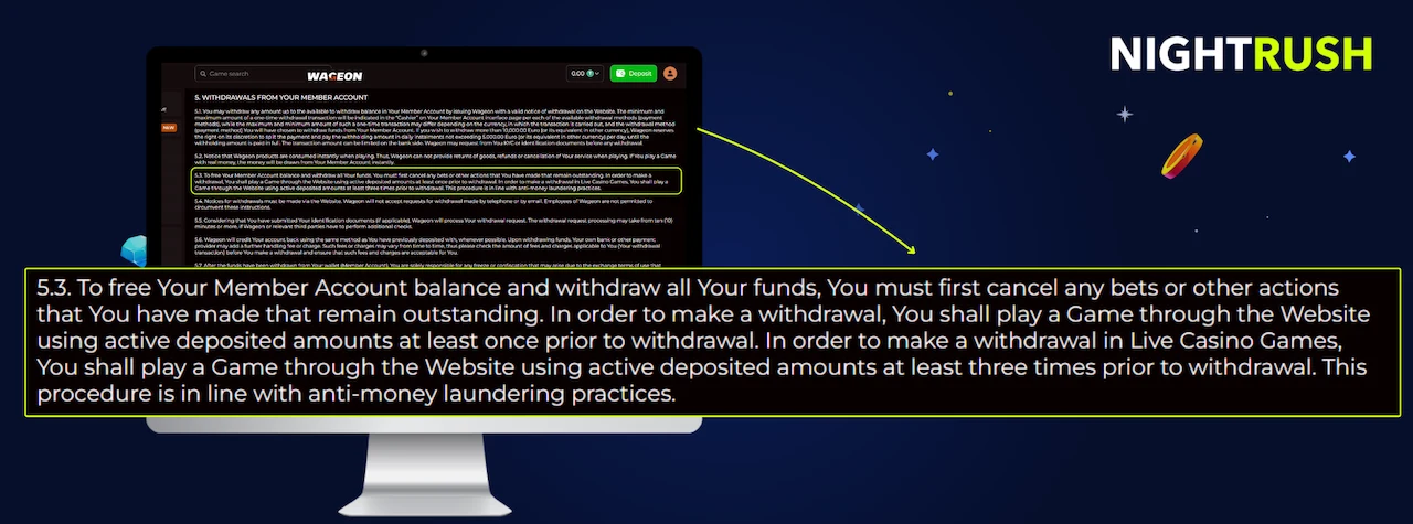Monitor displaying the terms page for Wageon. A callout box highlights section 5.3.