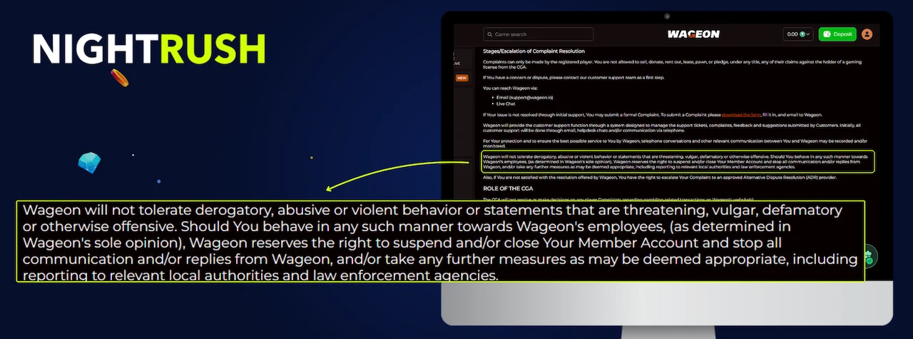 Monitor displaying the terms page for Wageon. A callout box highlights a term.