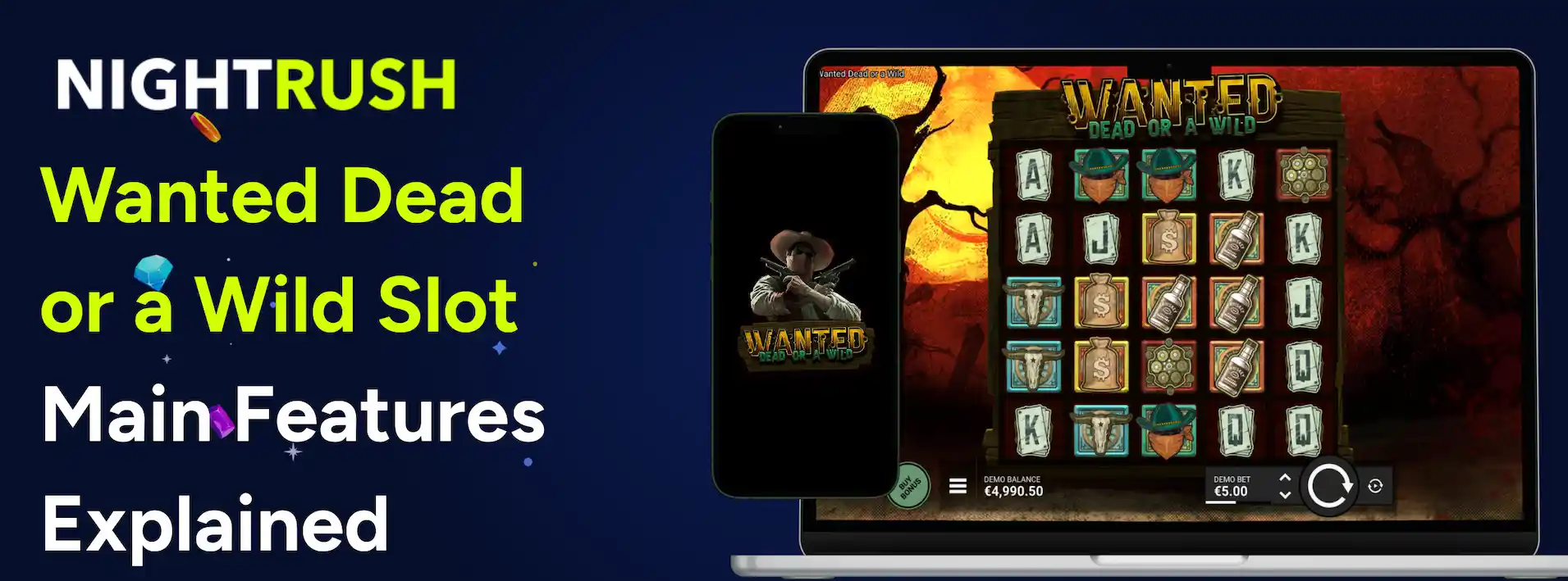 A banner for the Wanted Dead or a Wild slot game featuring a masked cowboy and three outlaws.