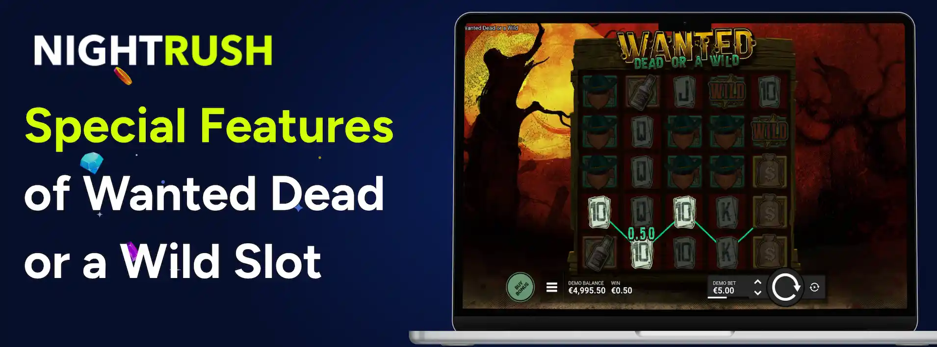 Banner featuring a laptop displaying the Wanted Dead or a Wild slot game.