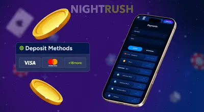 Screen showing a dropdown menu of online casino deposit methods like Visa, Skrill, and Bitcoin.