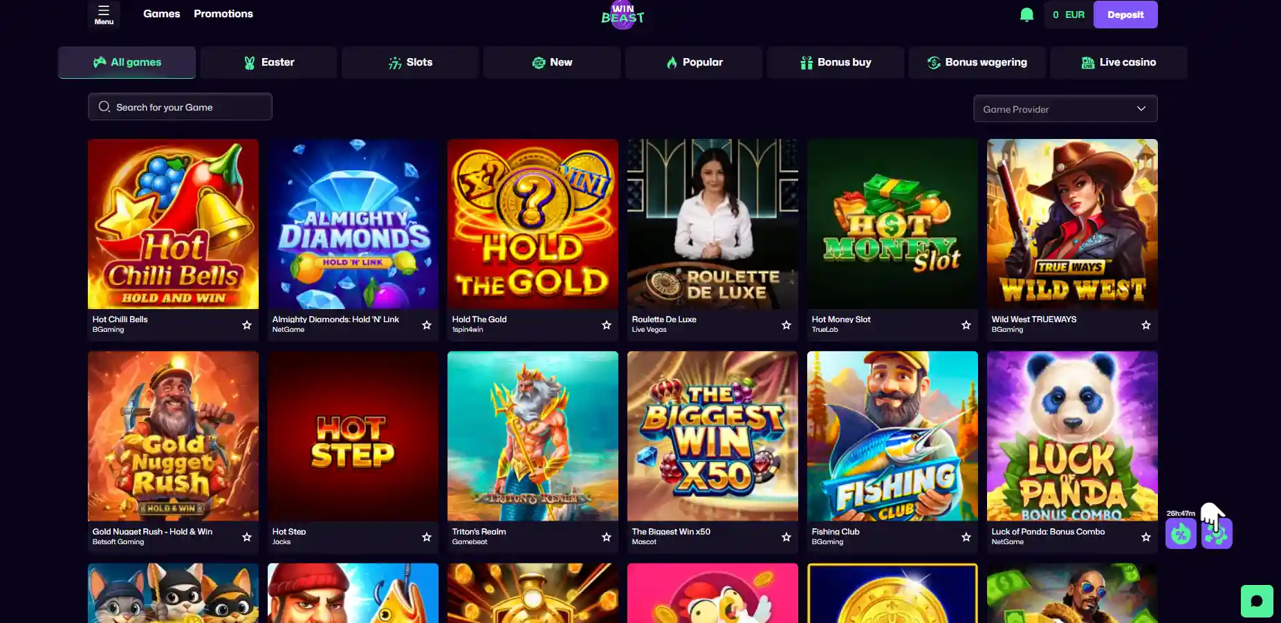 WinBeast Casino's game library with all games against a black background.