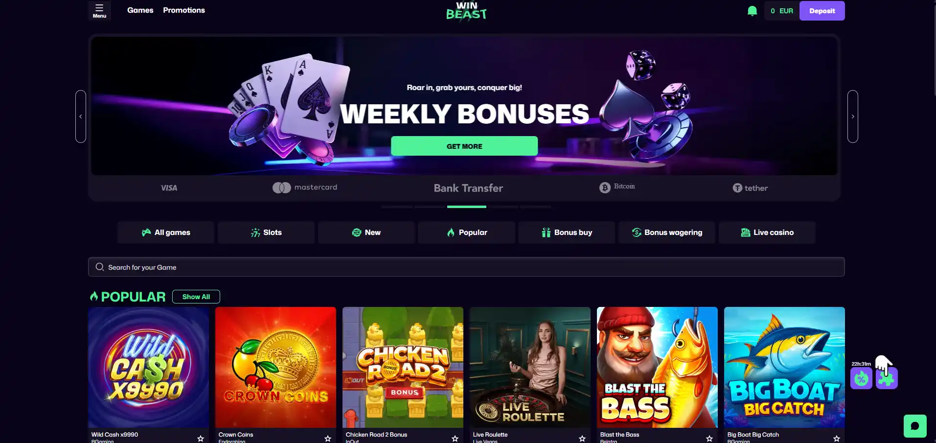 WinBeast Casino's landing page with a weekly bonus banner and games against a black background.