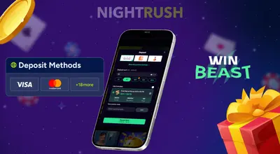 WinBeast's deposit on a phone with a coin, a deposit button, a gift box, and the casino logo.
