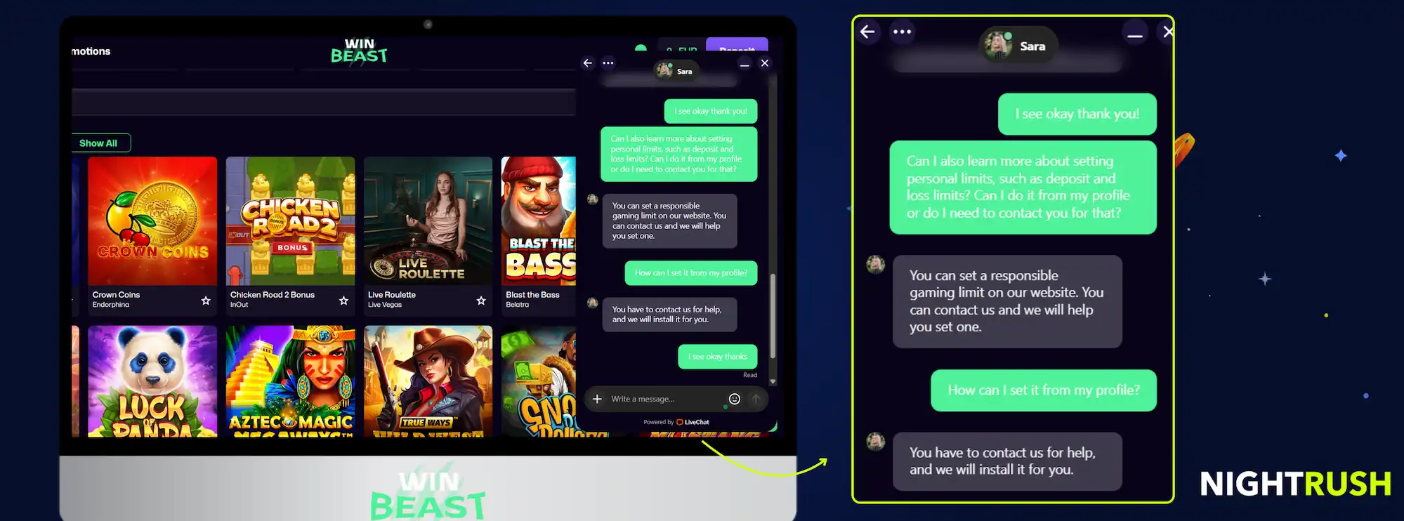 WinBeast’s live chat on screen, highlighted and a Nightrush logo against a starry background.