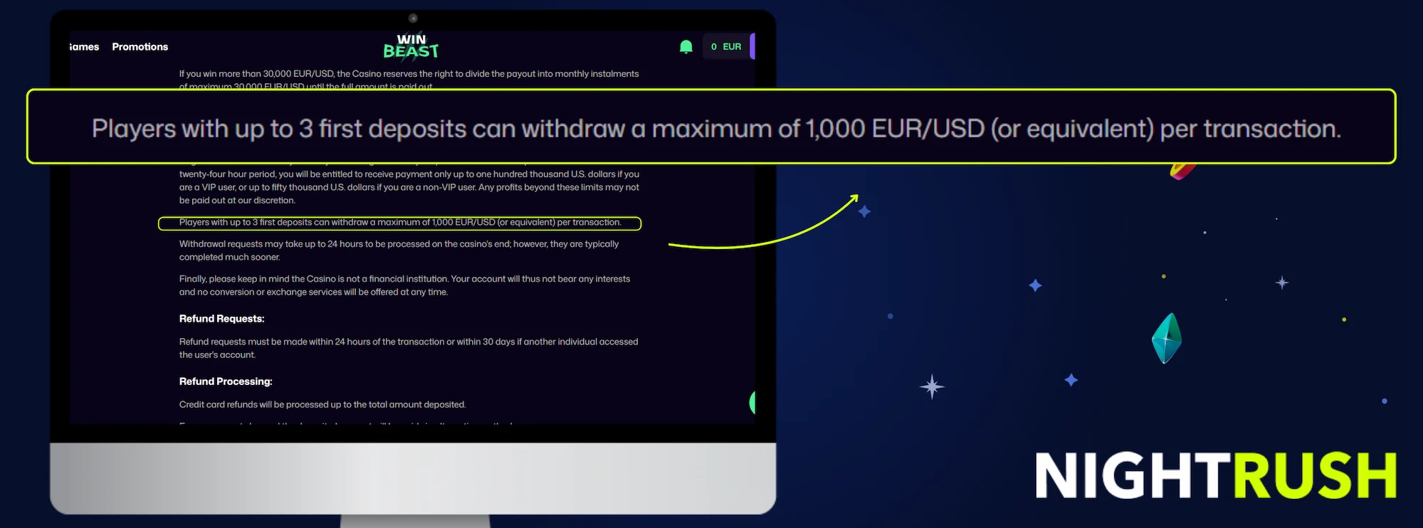 WinBeast’s 1,000 euro term on a screen highlighted with a Nightrush logo against a starry background.