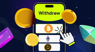 Smartphone screen showing options for Bitcoin, Ethereum, and Dogecoin under the Withdraw heading.