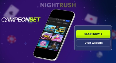 Campeonbet's games on a phone with a claim now button against a starry background.