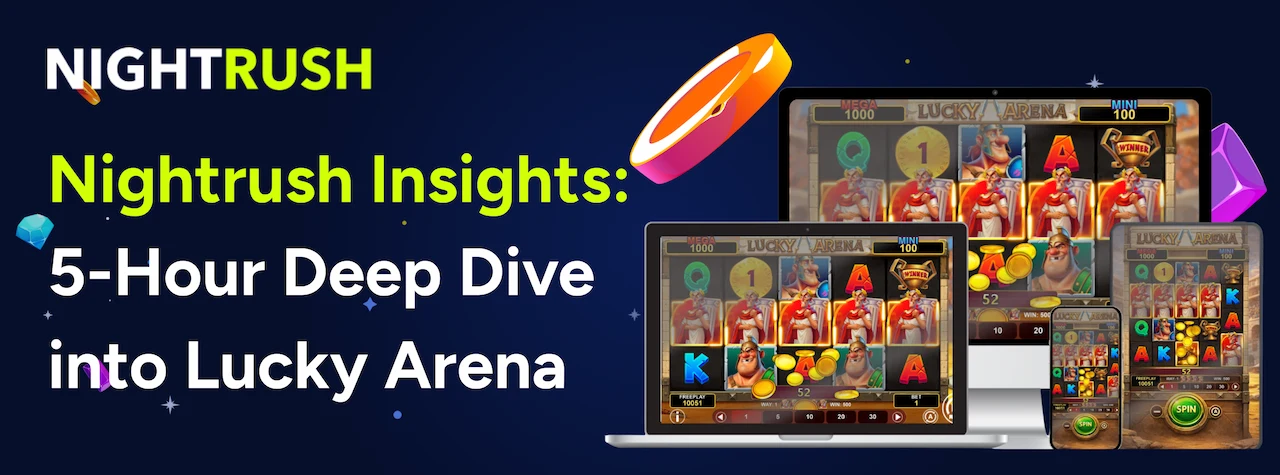 Differen devices showing Lucky Arena slot gameplay & text on a blue background.