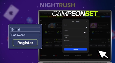 Campeonbet's registration on a laptop with a register button and a cursor against a starry background.