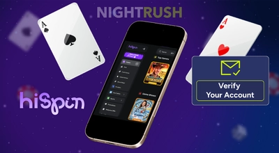 HiSpin Casino's games on a laptop with the deposit button, a coin and a gift box, and the casino logo.
