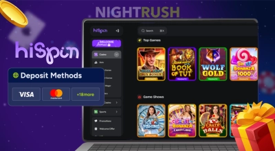 HiSpin Casino's games on a phone with the verify button, two cards, and the casino logo.