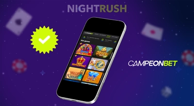 Campeonbet's games on a phone with a verification symbol against a starry background.