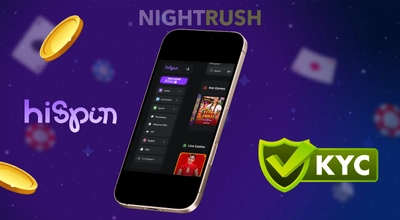 HiSpin Casino's games on a phone with the KYC button, two coins, and the casino logo.