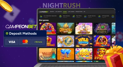 Campeonbet's games on a laptop, with a deposit button and a gift box against a starry background.