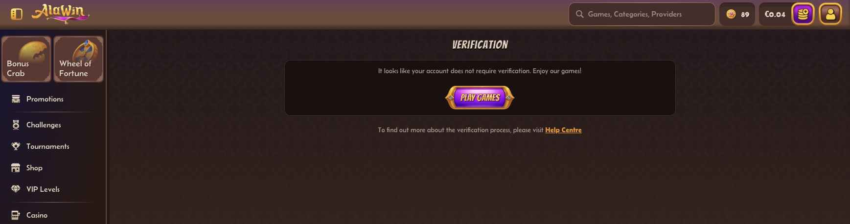 Computer monitor displaying an Alawin account message stating no verification is required.