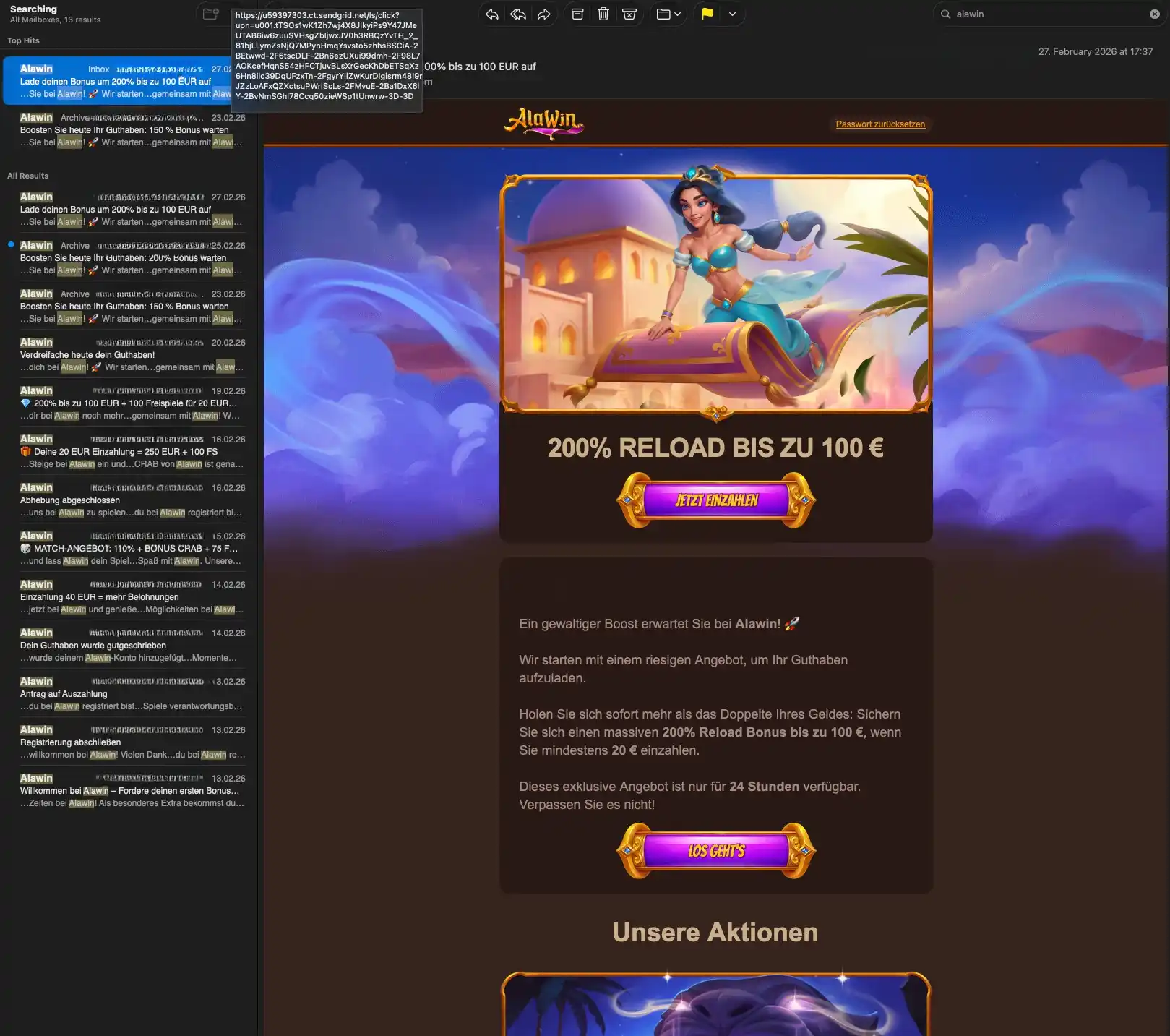 Alawin casino bonus information screen