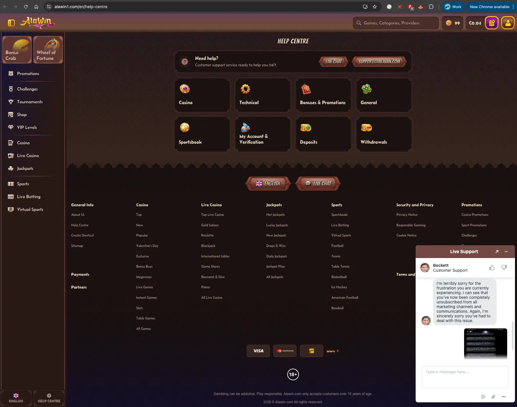 Alawin casino help center screen