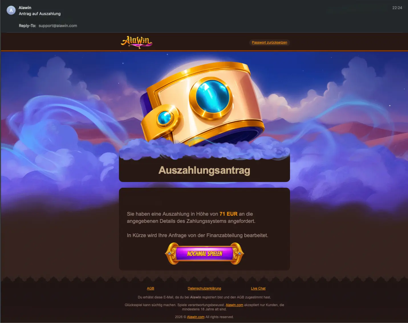 Alawin casino mail payment request screen