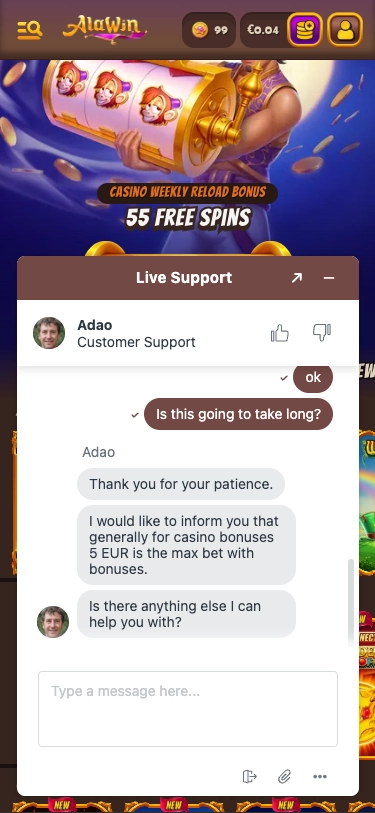 Alawin casino customer support screen