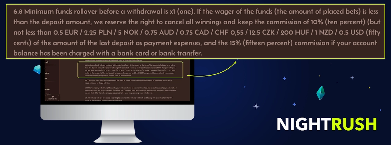 Computer monitor showing Alawin Casino terms regarding penalties.