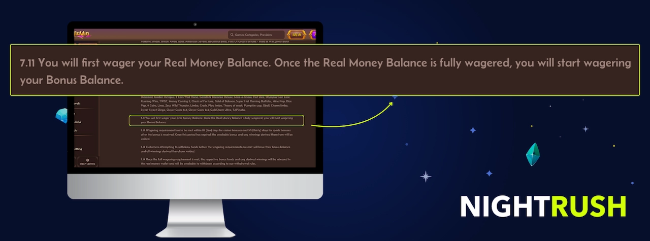 Computer monitor displaying terms stating real money balances are wagered before bonus balances.