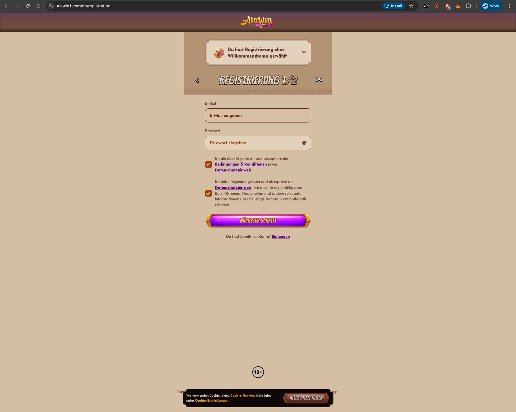 Alawin casino register screen