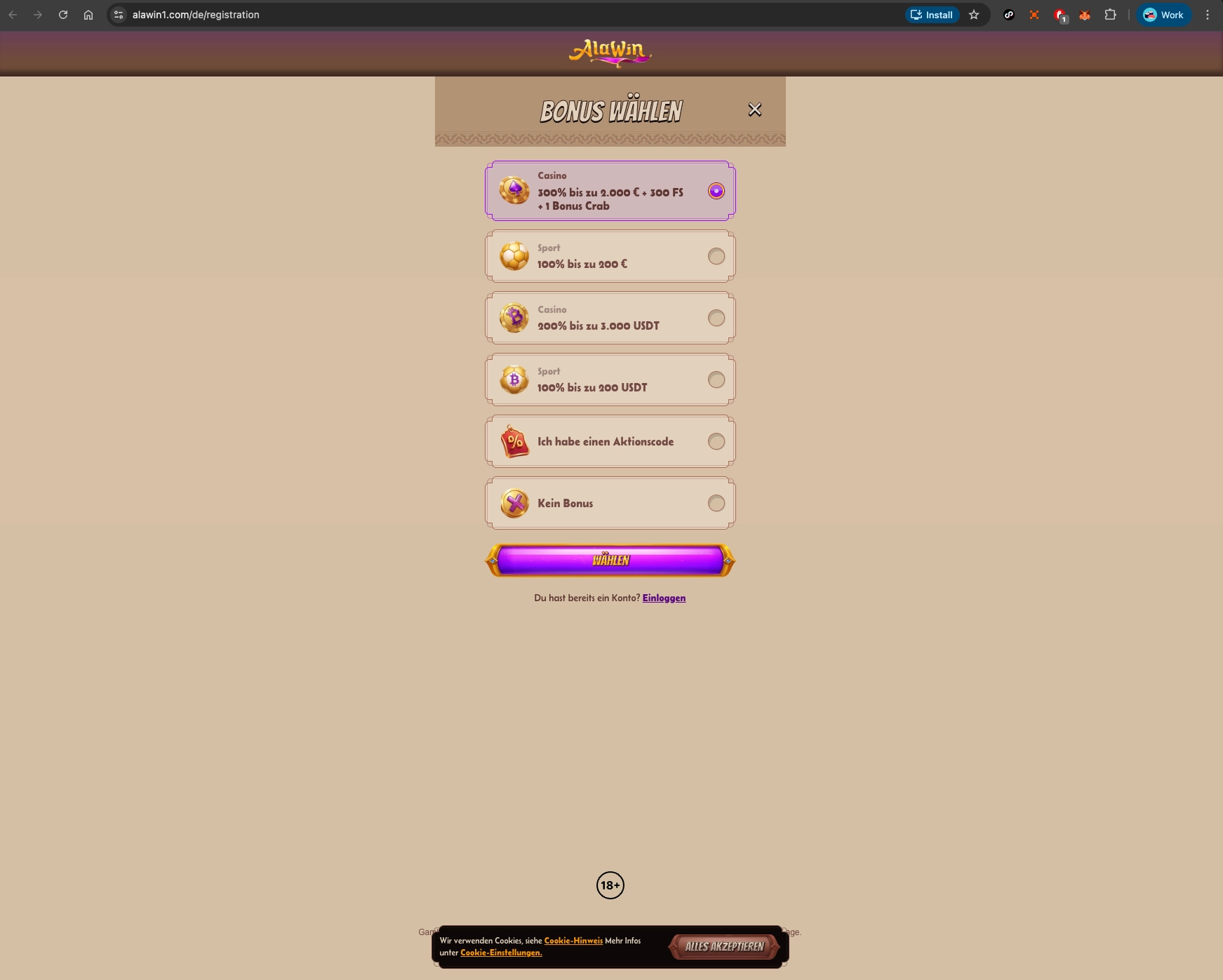 Alawin casino welcome bonus screen