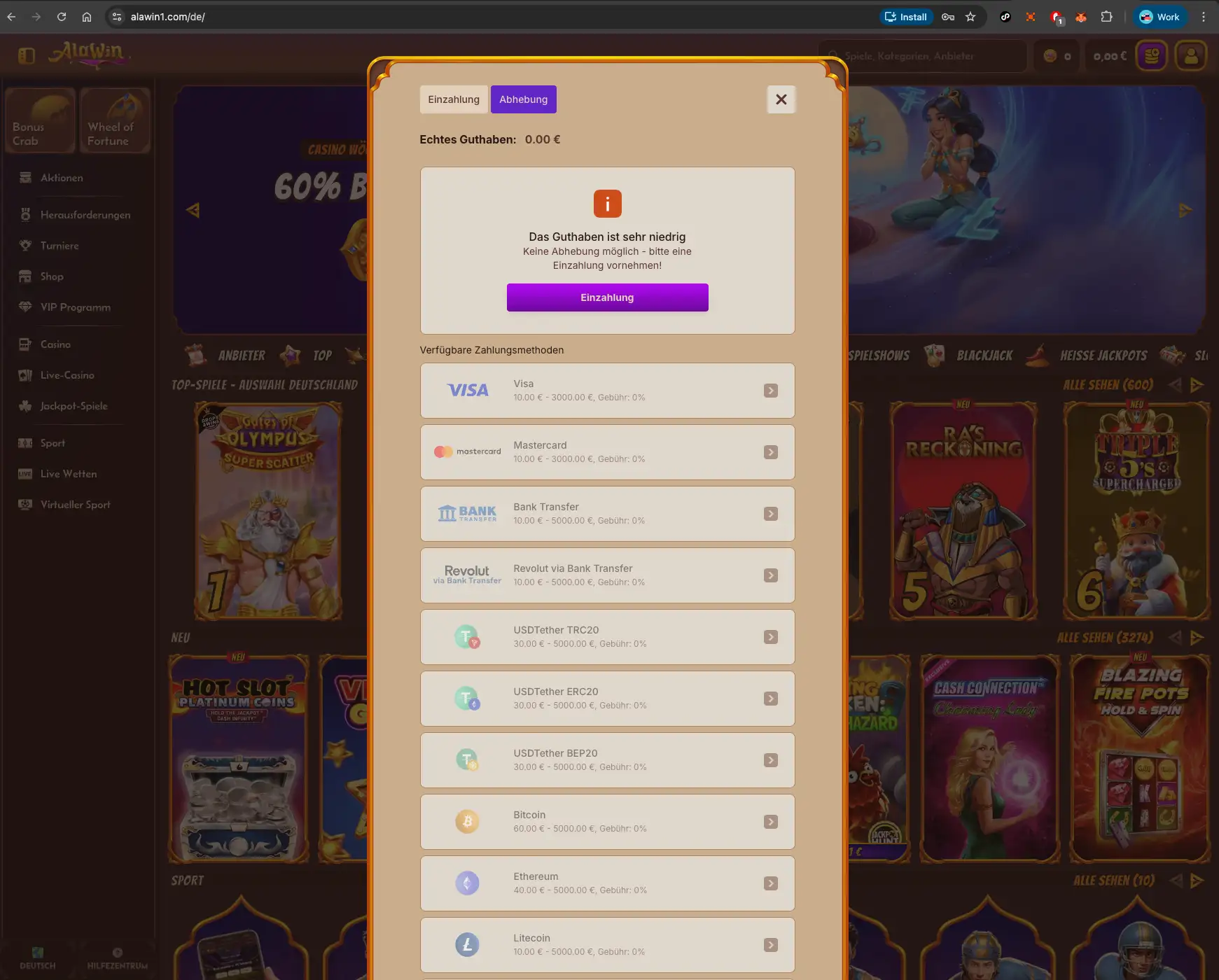 Alawin casino withdrawal methods screen